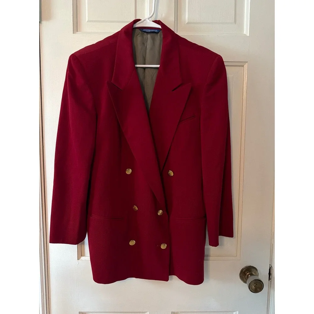Austin Reed Dark Red Double Breasted Blazer Gold Crest Buttons Vintage Womens 12